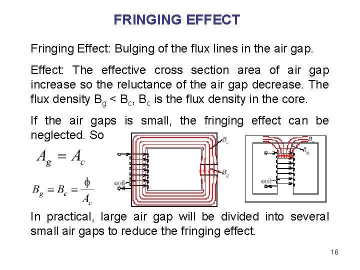 FRINGING EFFECT Fringing Effect: Bulging of the flux lines in the air gap. Effect: