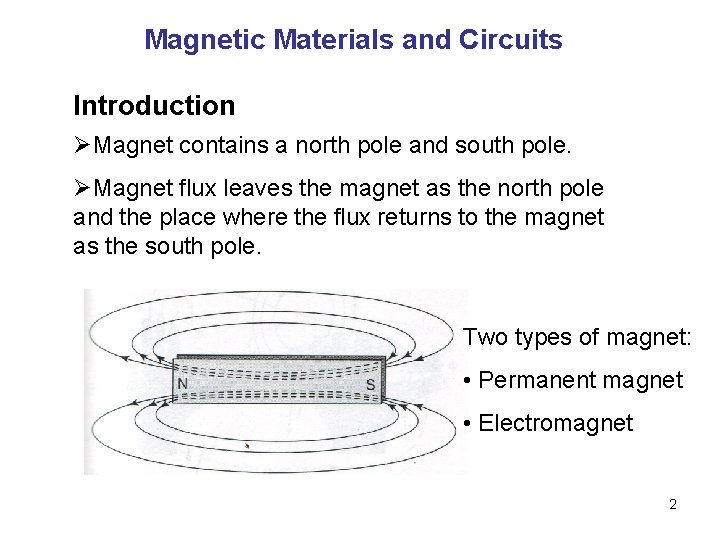 Magnetic Materials and Circuits Introduction ØMagnet contains a north pole and south pole. ØMagnet