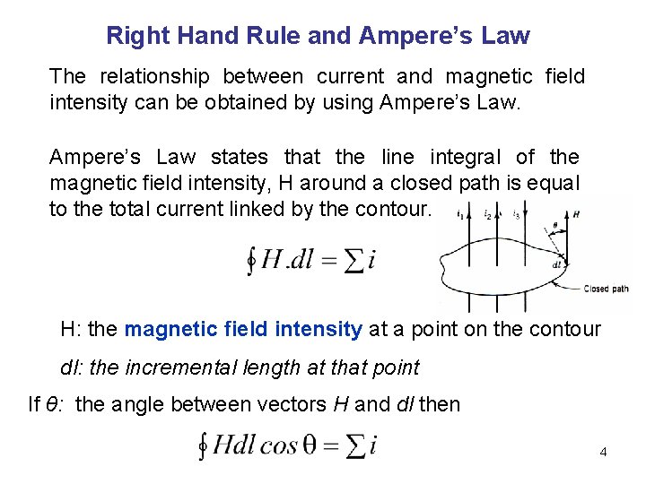 Right Hand Rule and Ampere’s Law The relationship between current and magnetic field intensity