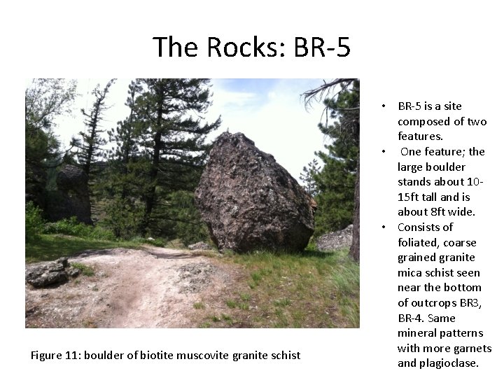 The Rocks: BR-5 Figure 11: boulder of biotite muscovite granite schist • BR-5 is