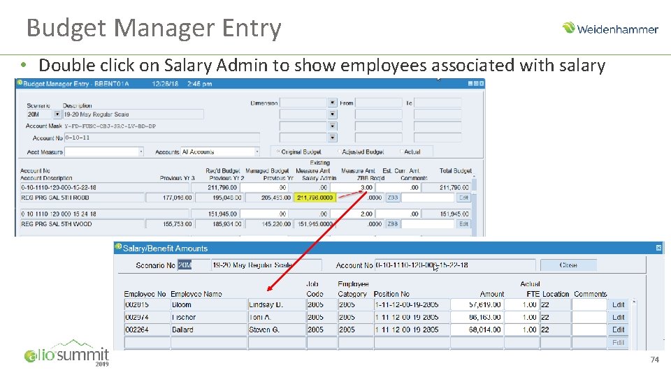 Budget Manager Entry • Double click on Salary Admin to show employees associated with