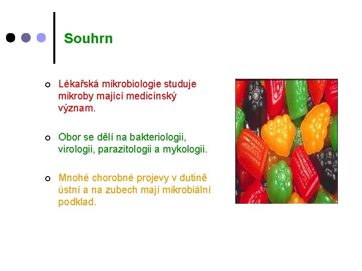 Souhrn ¢ Lékařská mikrobiologie studuje mikroby mající medicínský význam. ¢ Obor se dělí na Souhrn ¢ Lékařská mikrobiologie studuje mikroby mající medicínský význam. ¢ Obor se dělí na
