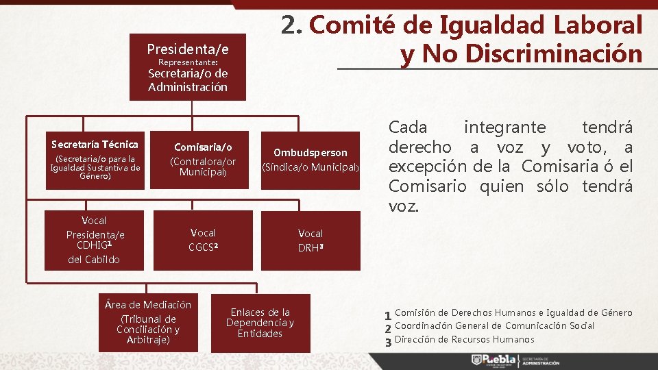 Presidenta/e Representante: Secretaria/o de Administración Secretaría Técnica (Secretaria/o para la Igualdad Sustantiva de Género)