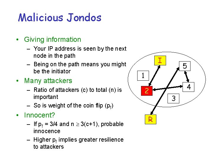 Malicious Jondos • Giving information – Your IP address is seen by the next