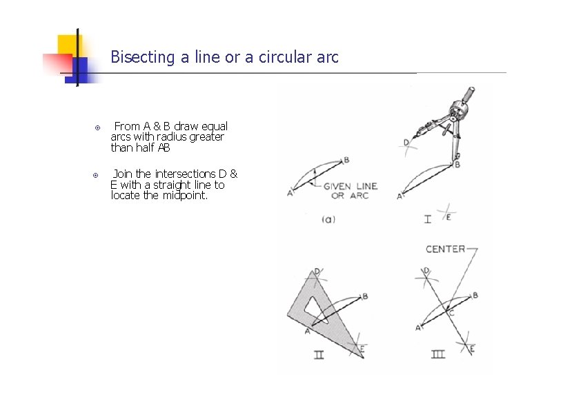 Bisecting a line or a circular arc From A & B draw equal arcs