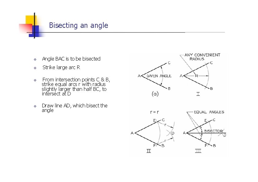 Bisecting an angle Angle BAC is to be bisected Strike large arc R From