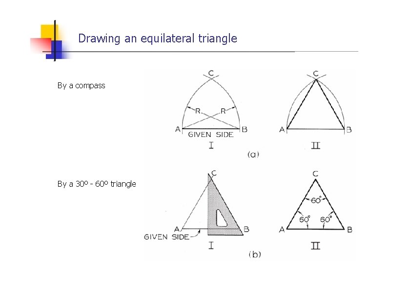 Drawing an equilateral triangle By a compass By a 30º - 60º triangle 