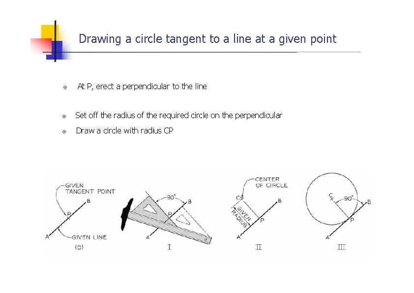 Drawing a circle tangent to a line at a given point At P, erect