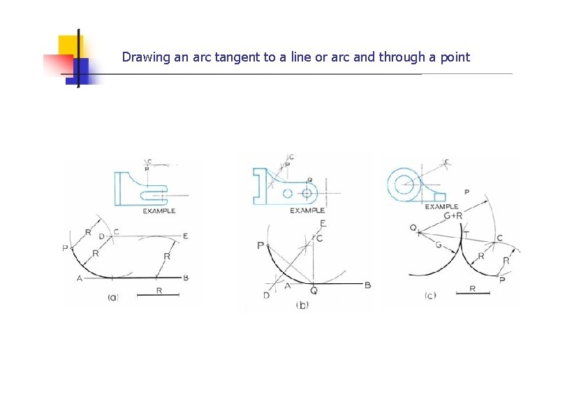 Drawing an arc tangent to a line or arc and through a point 