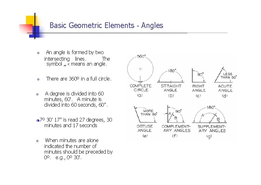 Basic Geometric Elements - Angles 2 An angle is formed by two intersecting lines.