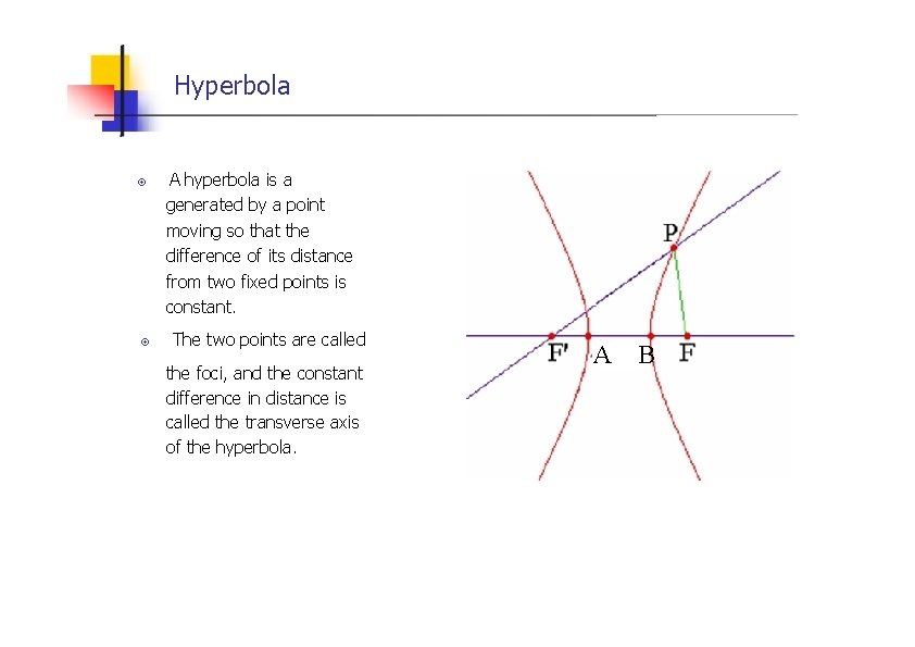 Hyperbola A hyperbola is a generated by a point moving so that the difference