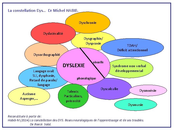 La constellation Dys… Dr Michel HABIB. Dyschronie Dyslatéralité Dysgraphie/ Dyspraxie Dysorthographie Langage oral: SLI,