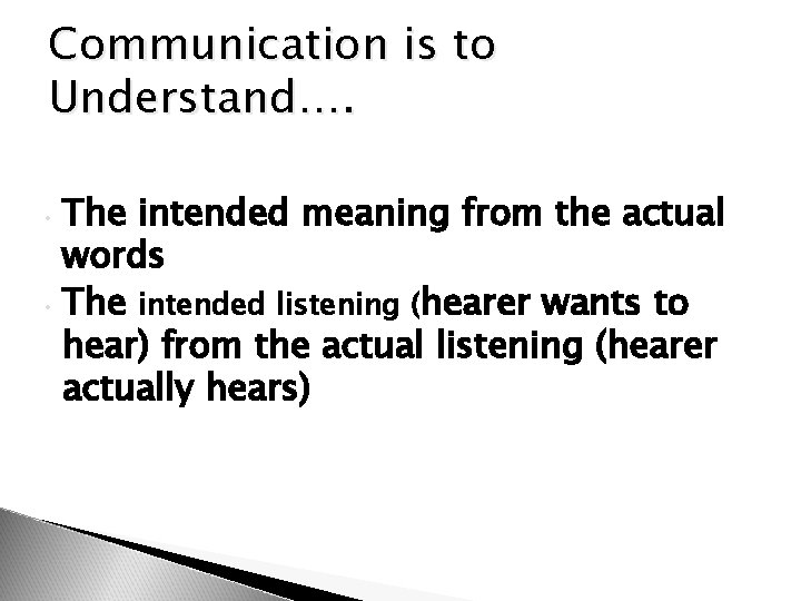Communication is to Understand…. • The intended meaning from the actual words • The