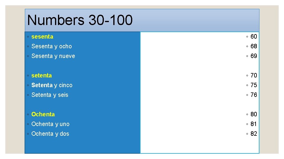 Numbers 30 -100 ◦ sesenta ◦ 60 ◦ Sesenta y ocho ◦ 68 ◦