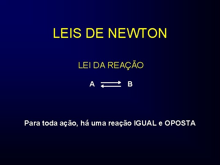 LEIS DE NEWTON LEI DA REAÇÃO A B Para toda ação, há uma reação