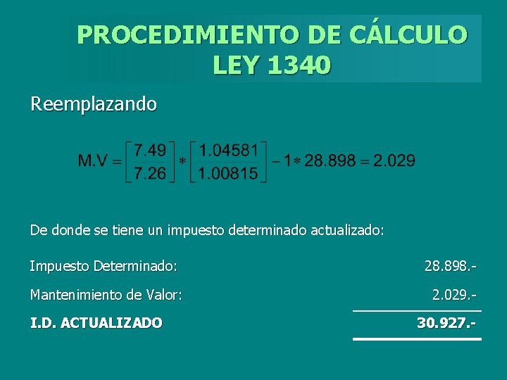 PROCEDIMIENTO DE CÁLCULO LEY 1340 Reemplazando De donde se tiene un impuesto determinado actualizado: