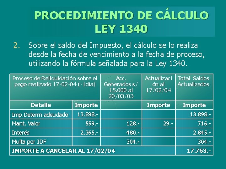 PROCEDIMIENTO DE CÁLCULO LEY 1340 2. Sobre el saldo del Impuesto, el cálculo se