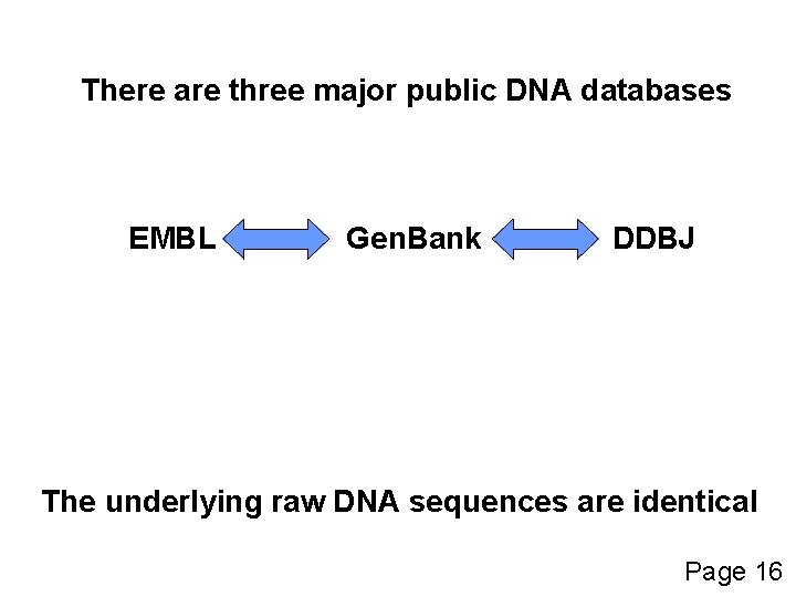 There are three major public DNA databases EMBL Gen. Bank DDBJ The underlying raw