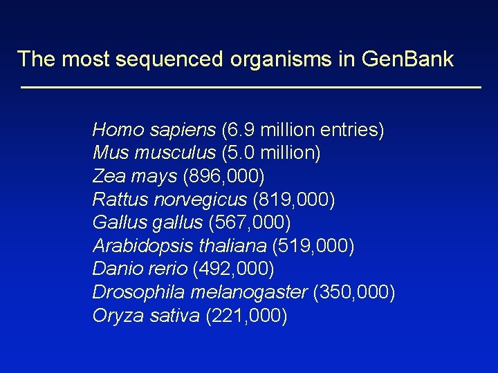 The most sequenced organisms in Gen. Bank Homo sapiens (6. 9 million entries) Mus