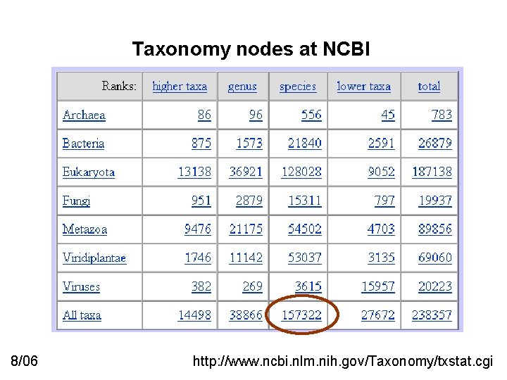 Taxonomy nodes at NCBI 8/06 http: //www. ncbi. nlm. nih. gov/Taxonomy/txstat. cgi 