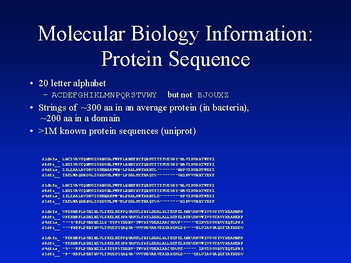 Molecular Biology Information: Protein Sequence • 20 letter alphabet – ACDEFGHIKLMNPQRSTVWY but not BJOUXZ