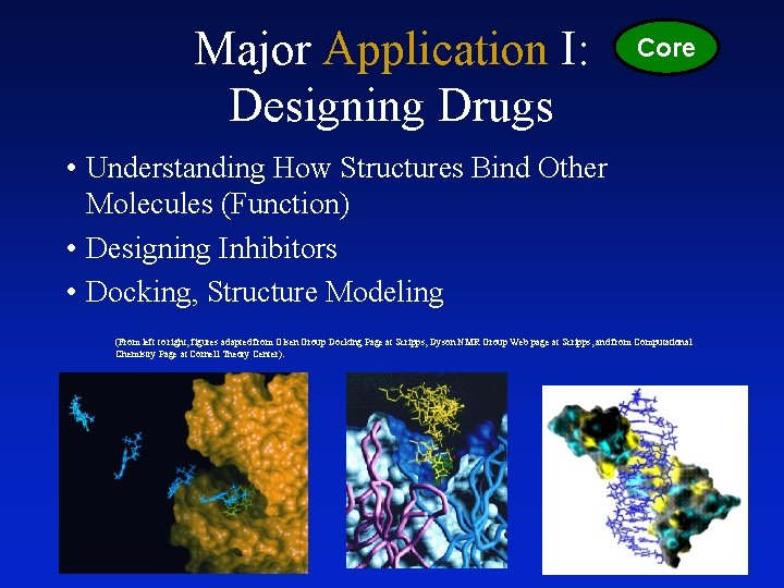 Major Application I: Designing Drugs Core • Understanding How Structures Bind Other Molecules (Function)