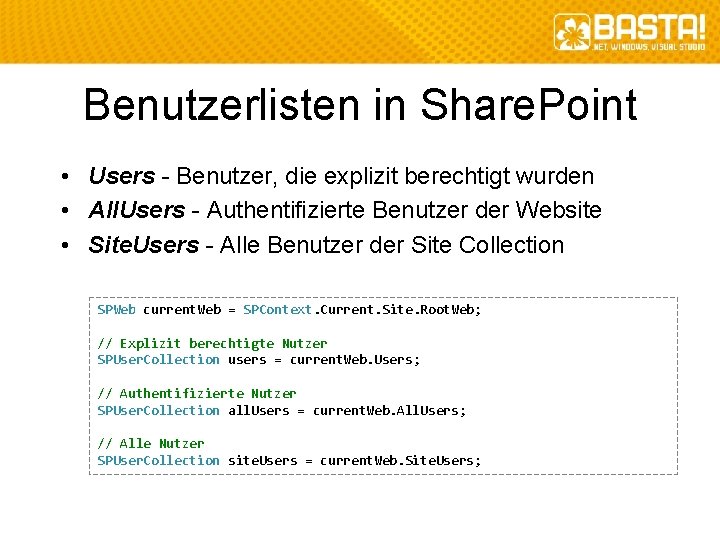 Benutzerlisten in Share. Point • Users - Benutzer, die explizit berechtigt wurden • All.