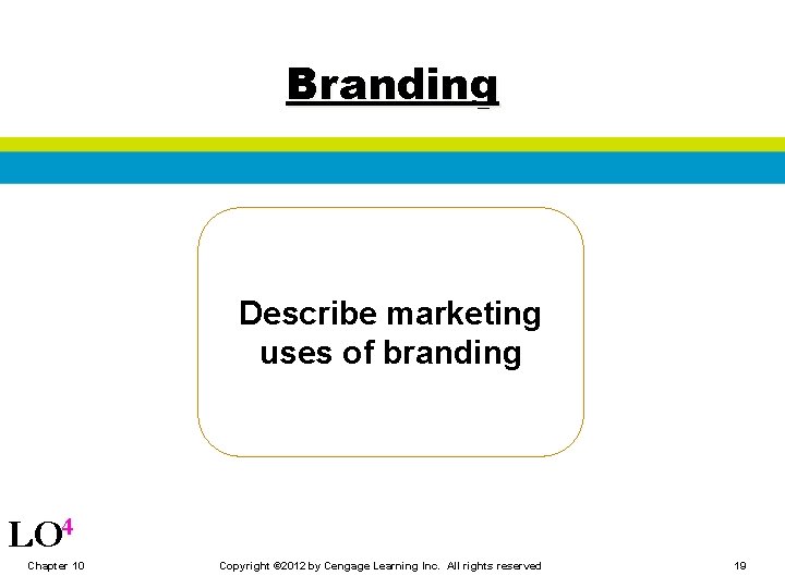 Branding Describe marketing uses of branding LO 4 Chapter 10 Copyright © 2012 by