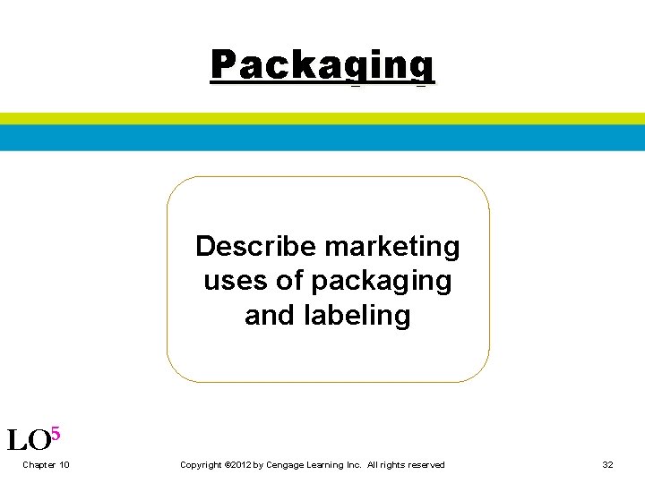 Packaging Describe marketing uses of packaging and labeling LO 5 Chapter 10 Copyright ©