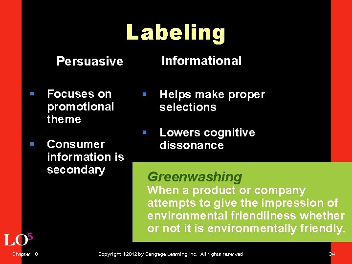 Labeling Informational Persuasive § § LO 5 Chapter 10 Focuses on promotional theme Consumer