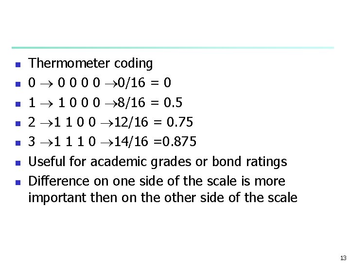 n n n n Thermometer coding 0 0 0 0/16 = 0 1 1