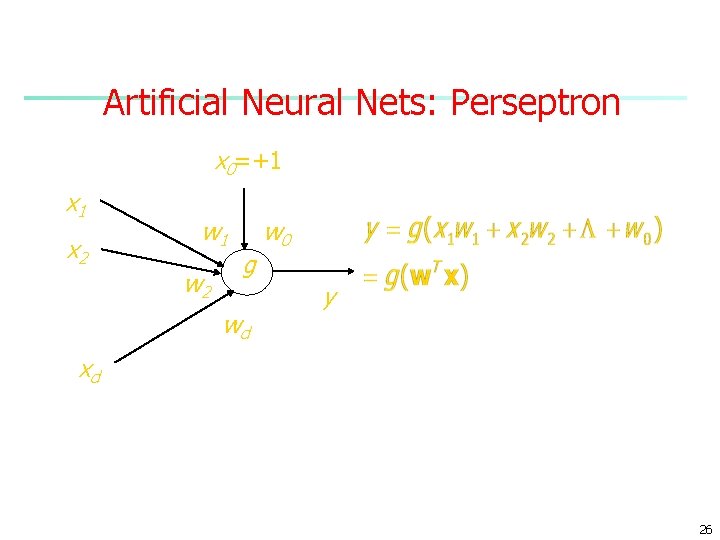 Artificial Neural Nets: Perseptron x 0=+1 x 2 w 1 w 2 g wd