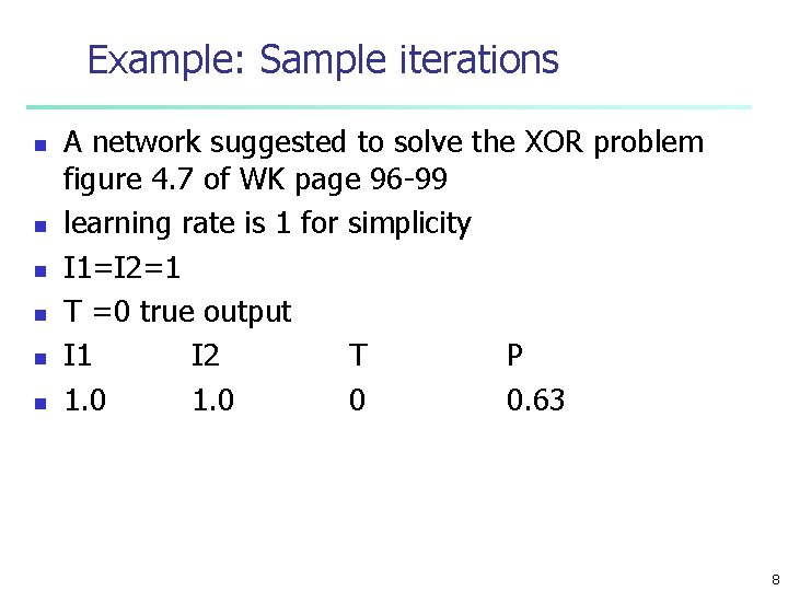 Example: Sample iterations n n n A network suggested to solve the XOR problem