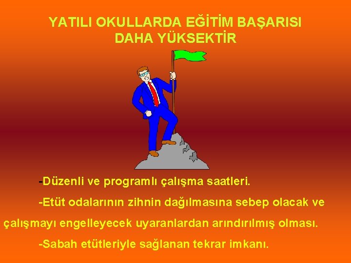 YATILI OKULLARDA EĞİTİM BAŞARISI DAHA YÜKSEKTİR -Düzenli ve programlı çalışma saatleri. -Etüt odalarının zihnin