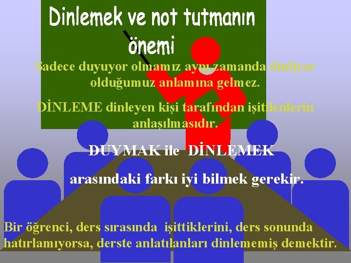 Sadece duyuyor olmamız aynı zamanda dinliyor olduğumuz anlamına gelmez. DİNLEME dinleyen kişi tarafından işitilenlerin