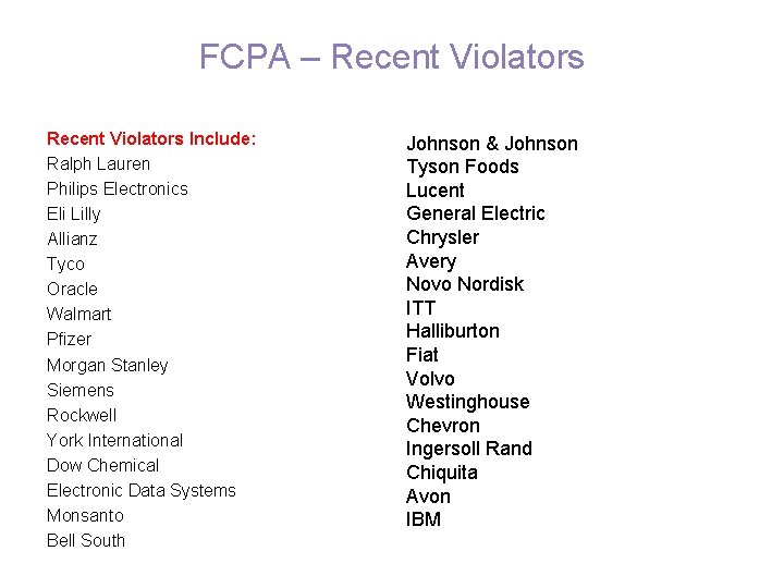 FCPA – Recent Violators Include: Ralph Lauren Philips Electronics Eli Lilly Allianz Tyco Oracle