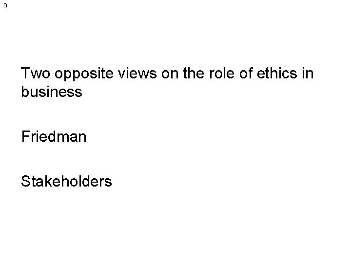 9 Two opposite views on the role of ethics in business Friedman Stakeholders 