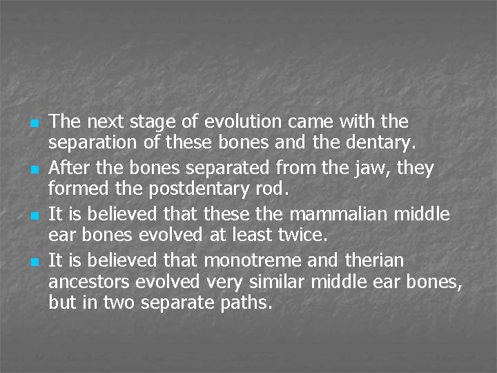 n n The next stage of evolution came with the separation of these bones