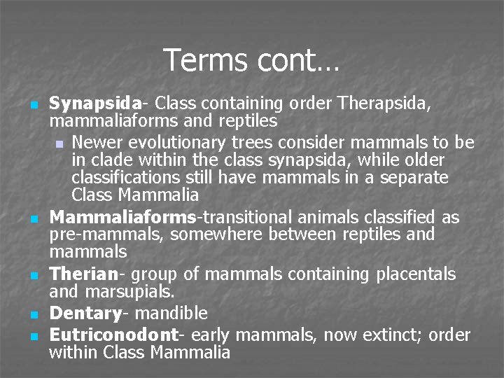 Terms cont… n n n Synapsida- Class containing order Therapsida, mammaliaforms and reptiles n