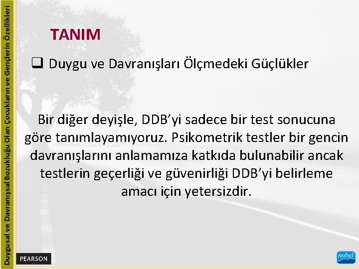 TANIM q Duygu ve Davranışları Ölçmedeki Güçlükler Bir diğer deyişle, DDB’yi sadece bir test