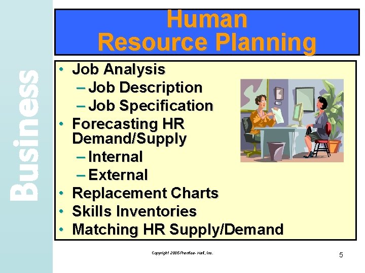 Business Human Resource Planning • Job Analysis – Job Description – Job Specification •