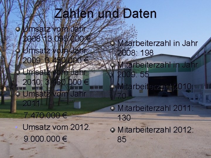 Zahlen und Daten Umsatz vom Jahr 2008: 13. 095. 000 € Umsatz vom Jahr