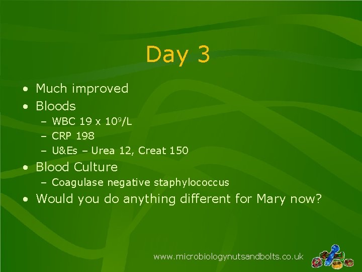 Day 3 • Much improved • Bloods – WBC 19 x 109/L – CRP