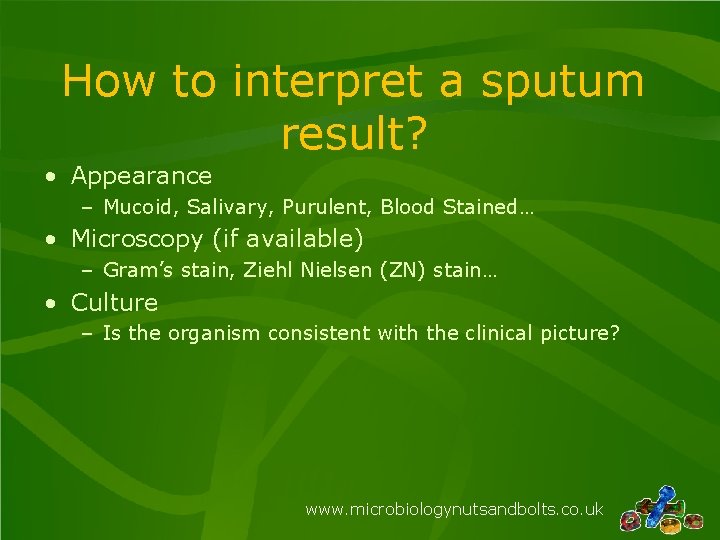 How to interpret a sputum result? • Appearance – Mucoid, Salivary, Purulent, Blood Stained…