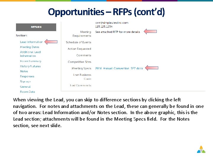 Opportunities – RFPs (cont’d) When viewing the Lead, you can skip to difference sections