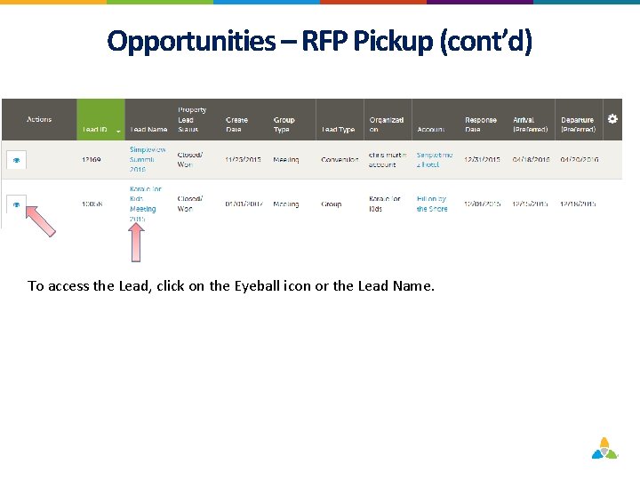 Opportunities – RFP Pickup (cont’d) To access the Lead, click on the Eyeball icon