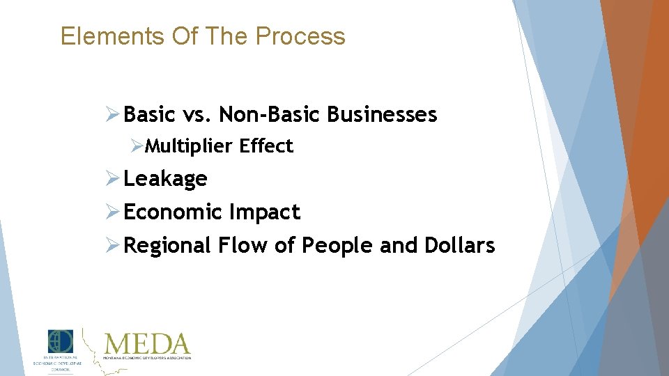 Elements Of The Process Ø Basic vs. Non-Basic Businesses ØMultiplier Effect Ø Leakage Ø