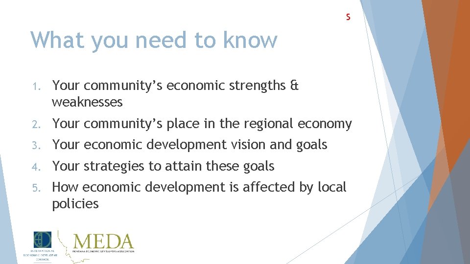 S What you need to know 1. Your community’s economic strengths & weaknesses 2.