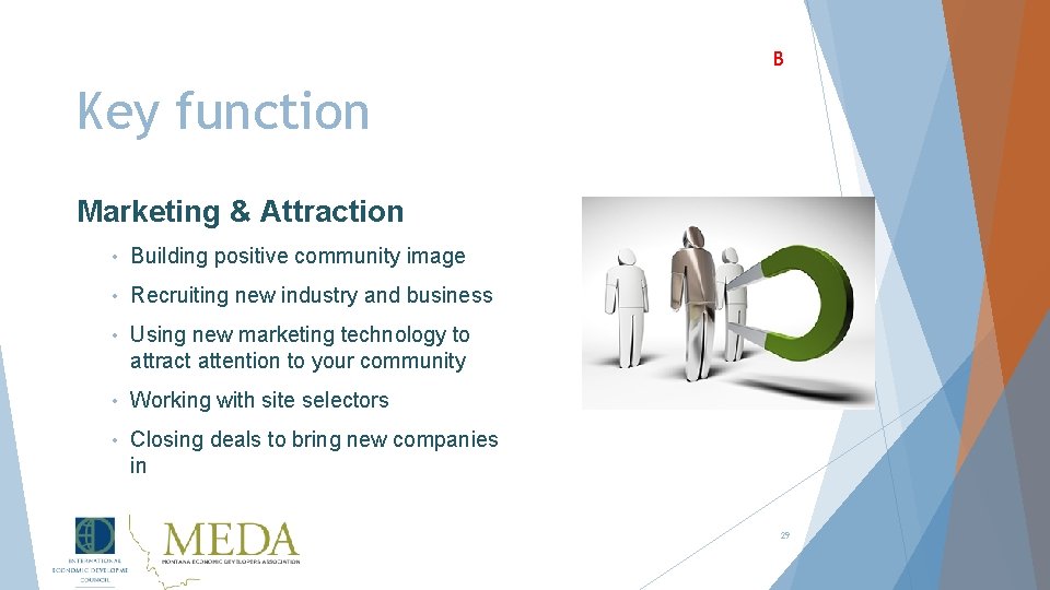 B Key function Marketing & Attraction • Building positive community image • Recruiting new