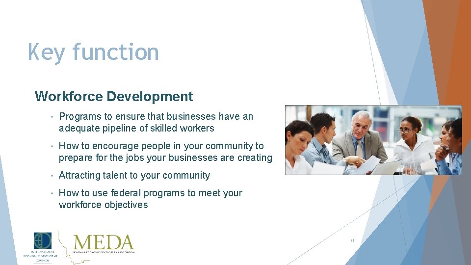 Key function Workforce Development • Programs to ensure that businesses have an adequate pipeline